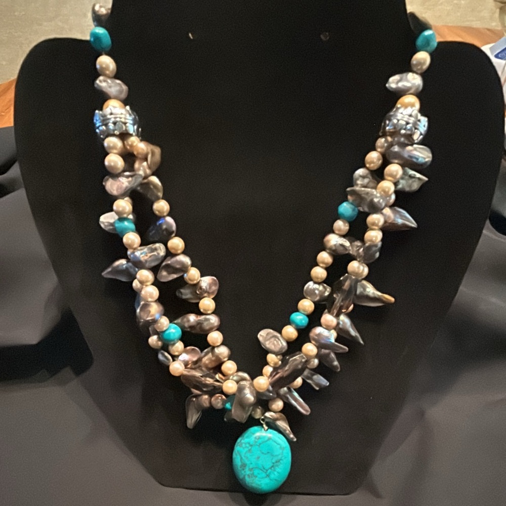 Deb Guyot Turquoise, Abalone and Pearl Bead Necklace w/Sterling Silver Accents